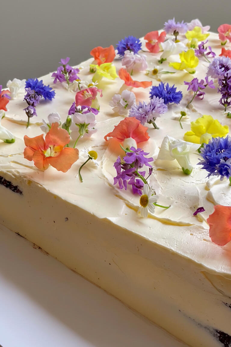 Pink Peach Cake - Sheet Cake with Edible Flowers